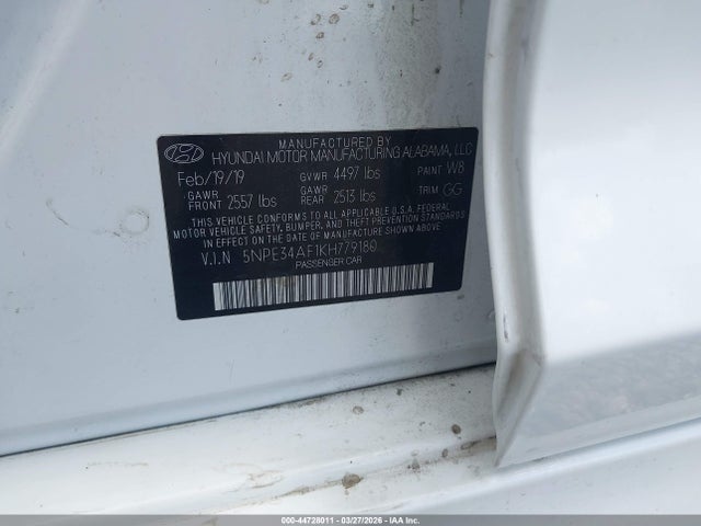 2019 Hyundai Sonata Sel მანქანა იყიდება აუქციონზე, vin: 5NPE34AF1KH779180, აუქციონის ნომერი: 44728011