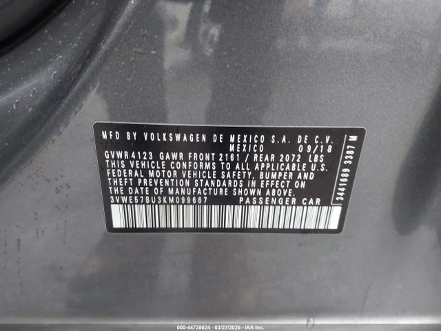 Aukcja sprzedaży 2019 Volkswagen Jetta 1.4t Sel, vin: 3VWE57BU3KM099667, numer aukcji: 44728024