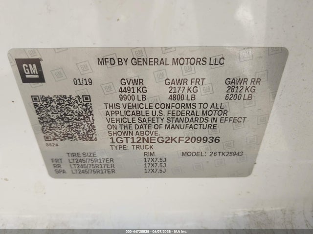 44728035 :رقم المزاد ، 1GT12NEG2KF209936 vin ، 2019 Gmc Sierra 2500hd مزاد بيع