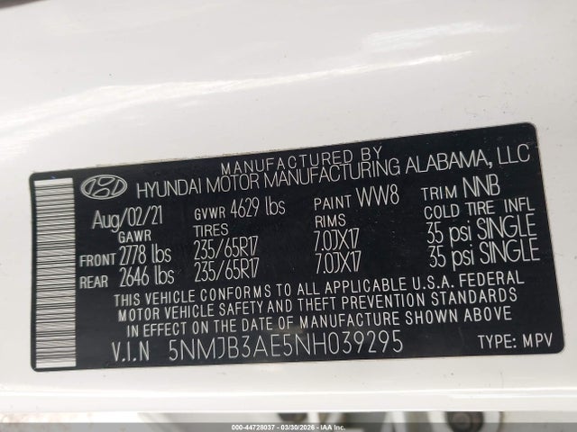 5NMJB3AE5NH039295 Hyundai TUCSON SEL