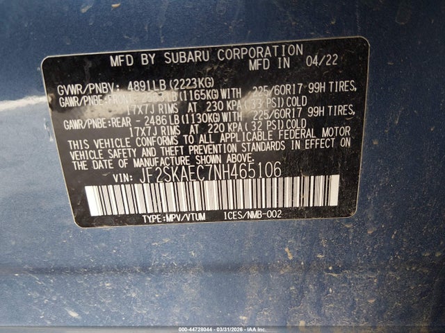 44728044 :رقم المزاد ، JF2SKAEC7NH465106 vin ، 2022 Subaru Forester Premium مزاد بيع