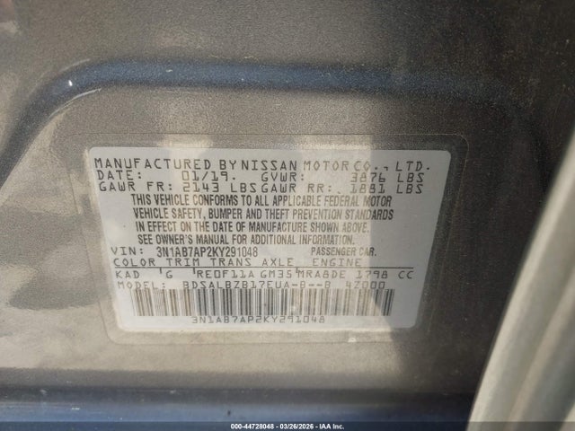 Aukcja sprzedaży 2019 Nissan Sentra S, vin: 3N1AB7AP2KY291048, numer aukcji: 44728048