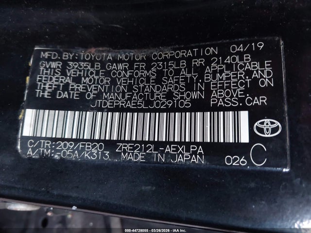 JTDEPRAE5LJ029105 Toyota COROLLA LE