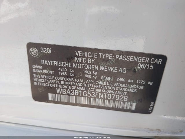 Aukcja sprzedaży 2015 Bmw 320i, vin: WBA3B1G53FNT07928, numer aukcji: 44728059