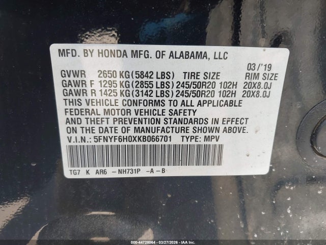5FNYF6H0XKB066701 Honda Pilot Elite