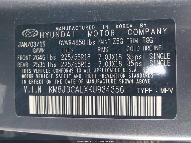 Aukcja sprzedaży 2019 Hyundai Tucson Sel, vin: KM8J3CALXKU934356, numer aukcji: 44728071
