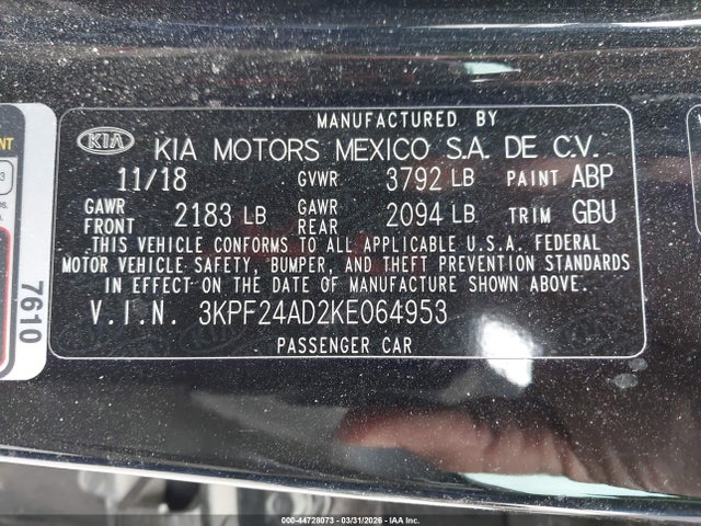 2019 Kia Forte Lxs მანქანა იყიდება აუქციონზე, vin: 3KPF24AD2KE064953, აუქციონის ნომერი: 44728073