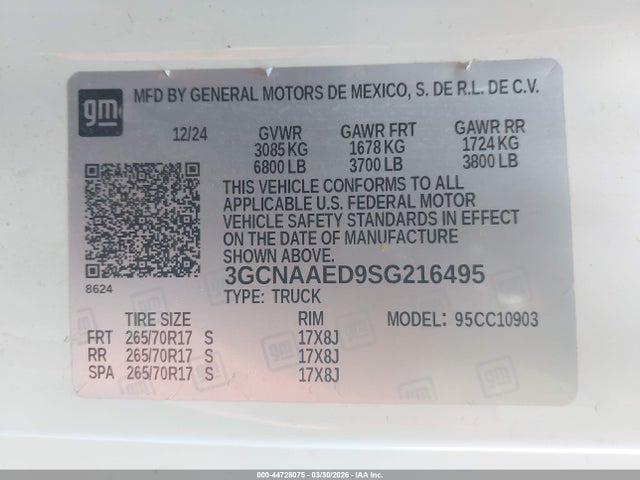2025 Chevrolet Silverado 1500 2wd  Long Bed Wt მანქანა იყიდება აუქციონზე, vin: 3GCNAAED9SG216495, აუქციონის ნომერი: 44728075