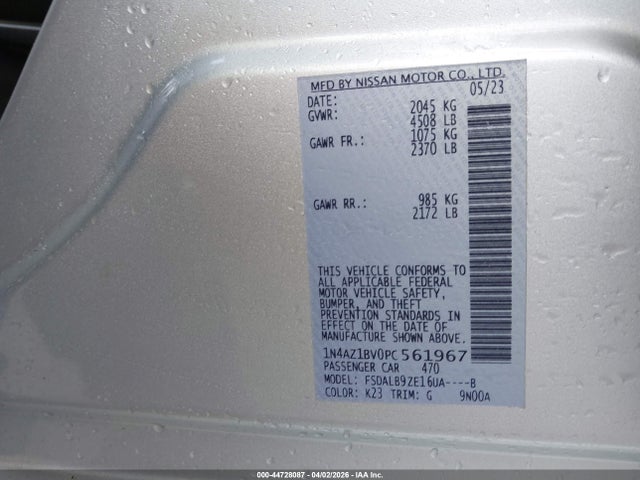 2023 Nissan Leaf S 40 Kwh მანქანა იყიდება აუქციონზე, vin: 1N4AZ1BV0PC561967, აუქციონის ნომერი: 44728087