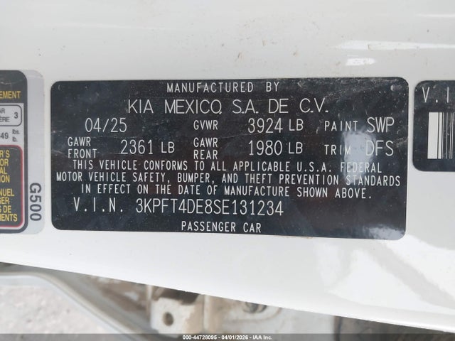 Продаж на аукціоні авто 2025 Kia K4 Lxs, vin: 3KPFT4DE8SE131234, номер лоту: 44728095