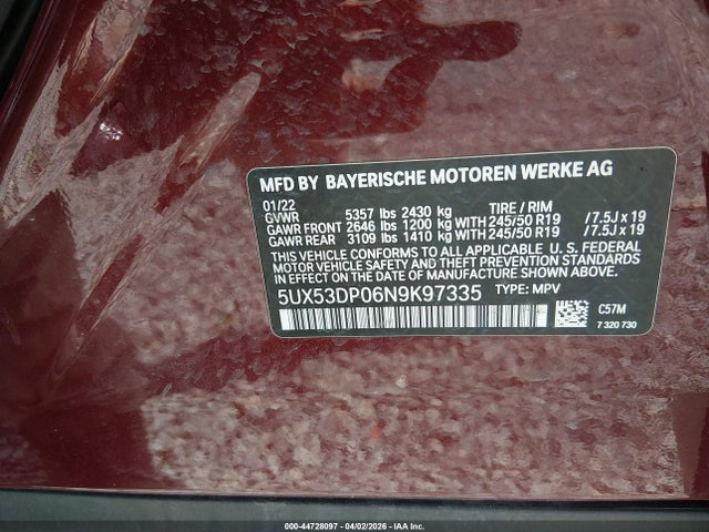 Aukcja sprzedaży 2022 Bmw X3 Xdrive30i, vin: 5UX53DP06N9K97335, numer aukcji: 44728097