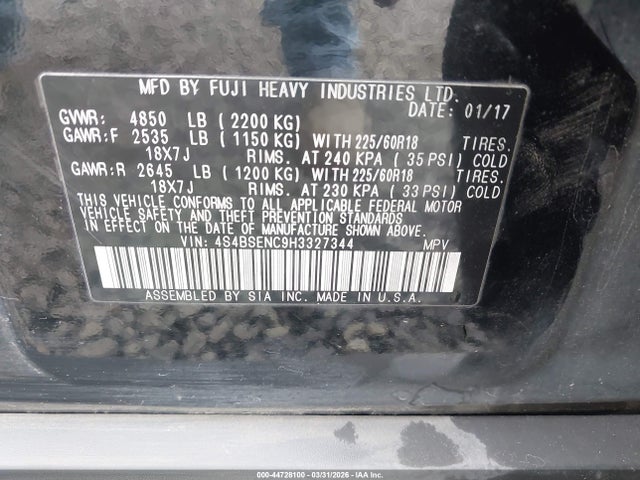 4S4BSENC9H3327344 Subaru Outback 3.6r Limited