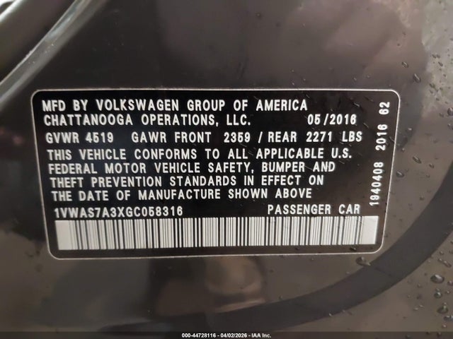 Продажа на аукционе авто 2016 Volkswagen Passat 1.8t R-line, vin: 1VWAS7A3XGC058316, номер лота: 44728116