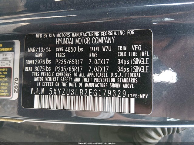 2014 Hyundai Santa Fe Sport 2.4l მანქანა იყიდება აუქციონზე, vin: 5XYZU3LB2EG179329, აუქციონის ნომერი: 44728119