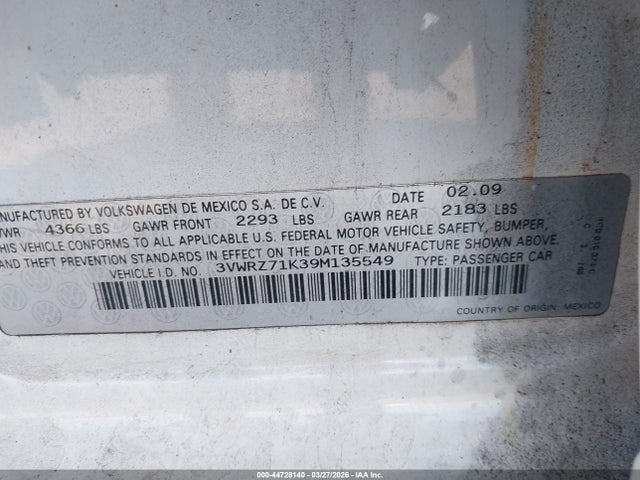 Продажа на аукционе авто 2009 Volkswagen Jetta Se, vin: 3VWRZ71K39M135549, номер лота: 44728140