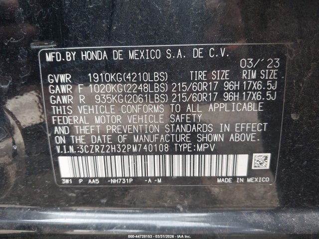 Auction sale of the 2023 Honda Hr-v Awd Lx, vin: 3CZRZ2H32PM740108, lot number: 44728153