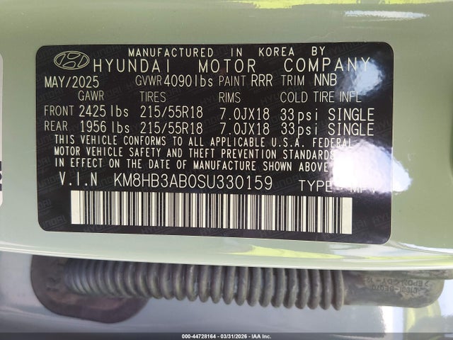 Auction sale of the 2025 Hyundai Kona Sel, vin: KM8HB3AB0SU330159, lot number: 44728164