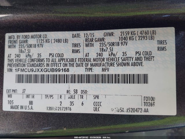 1FMCU9JXXGUB99168 Ford Escape Titanium