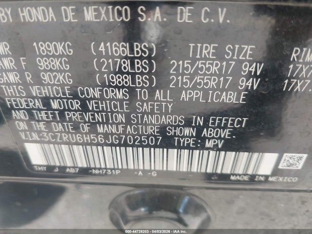 3CZRU6H56JG702507 Honda HR-V EX