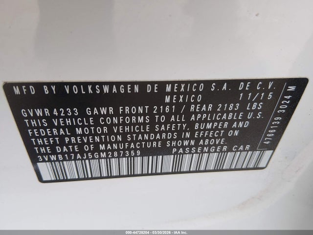44728204 :رقم المزاد ، 3VWB17AJ5GM287359 vin ، 2016 Volkswagen Jetta 1.8t Sport مزاد بيع