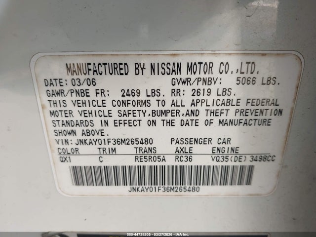 44728205 :رقم المزاد ، JNKAY01F36M265480 vin ، 2006 Infiniti M35x مزاد بيع