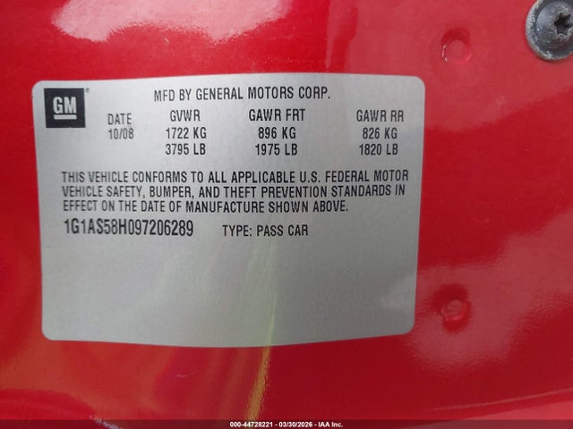 44728221 :رقم المزاد ، 1G1AS58H097206289 vin ، 2009 Chevrolet Cobalt Ls مزاد بيع