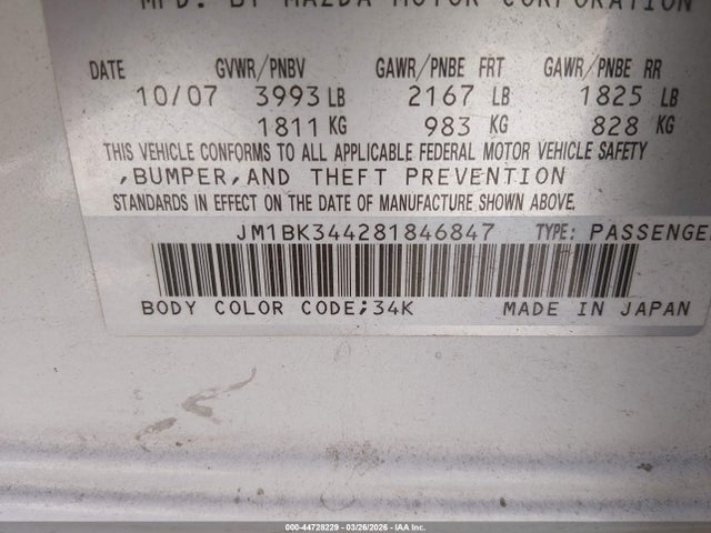 Aukcja sprzedaży 2008 Mazda Mazda3 S Grand Touring, vin: JM1BK344281846847, numer aukcji: 44728229