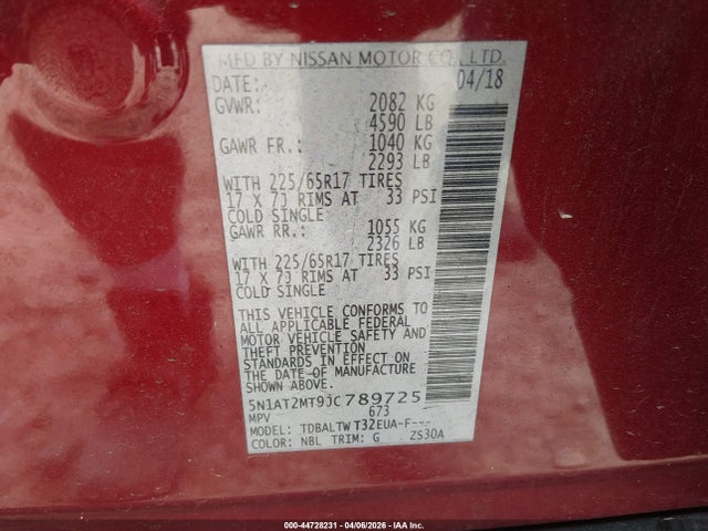 44728231 :رقم المزاد ، 5N1AT2MT9JC789725 vin ، 2018 Nissan Rogue Sv مزاد بيع