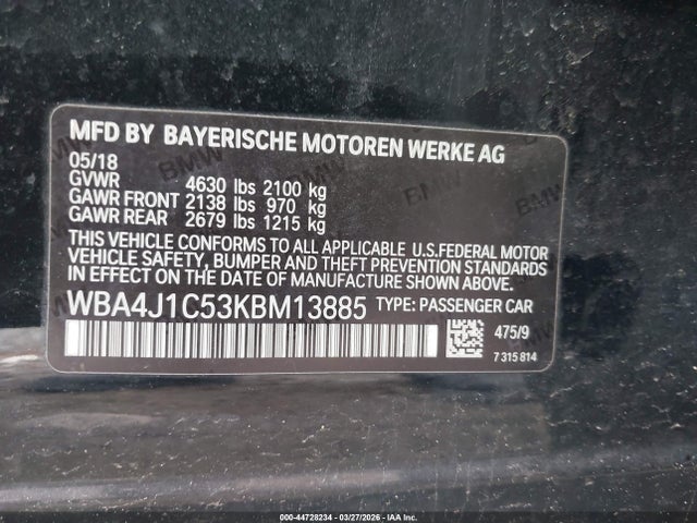 44728234 :رقم المزاد ، WBA4J1C53KBM13885 vin ، 2019 Bmw 430i Gran Coupe مزاد بيع