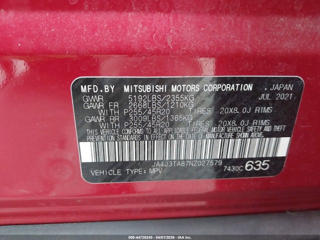 JA4J3TA87NZ027579 Mitsubishi Outlander Es 2.5 2wd