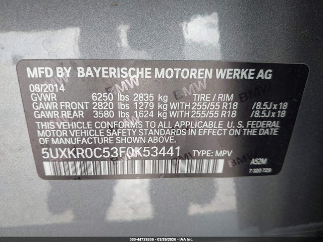 Продаж на аукціоні авто 2015 Bmw X5 Xdrive35i, vin: 5UXKR0C53F0K53441, номер лоту: 44728255