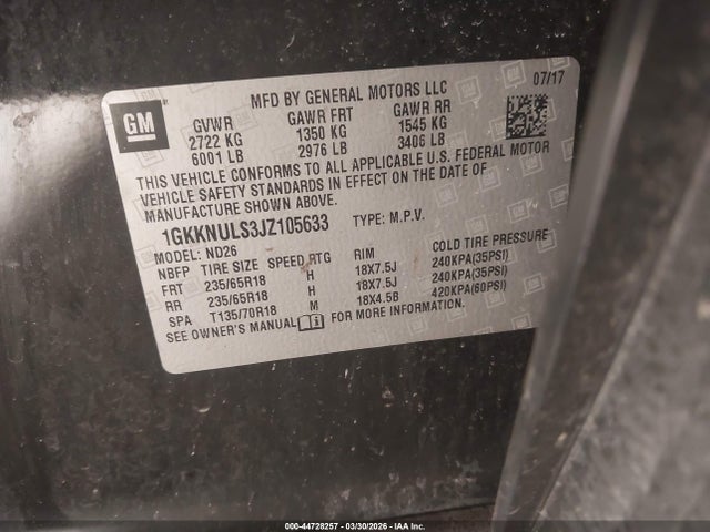 Aukcja sprzedaży 2018 Gmc Acadia Slt-1, vin: 1GKKNULS3JZ105633, numer aukcji: 44728257