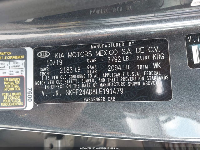 2020 Kia Forte Fe მანქანა იყიდება აუქციონზე, vin: 3KPF24AD8LE191479, აუქციონის ნომერი: 44728283