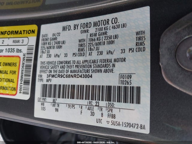2022 Ford Bronco Sport Outer Banks მანქანა იყიდება აუქციონზე, vin: 3FMCR9C68NRD43004, აუქციონის ნომერი: 44728285