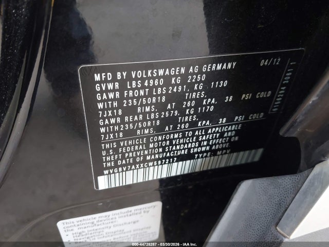 2012 VOLKSWAGEN TIGUAN WVGBV7AXXCW597217 Photo 8