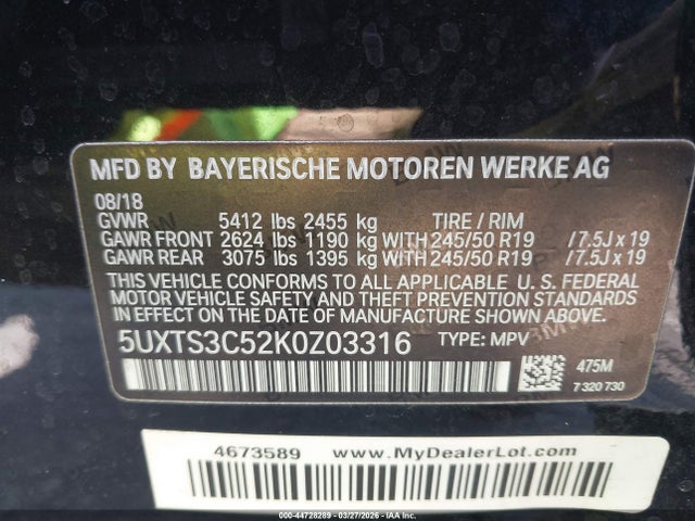 44728289 :رقم المزاد ، 5UXTS3C52K0Z03316 vin ، 2019 Bmw X3 M40i مزاد بيع