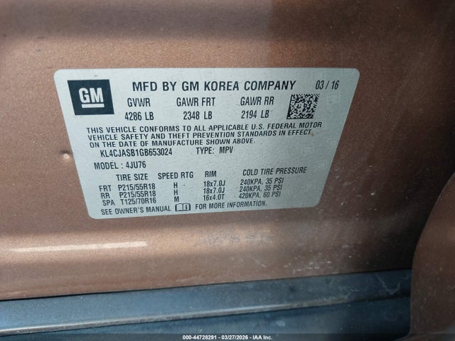 44728291 :رقم المزاد ، KL4CJASB1GB653024 vin ، 2016 Buick Encore مزاد بيع