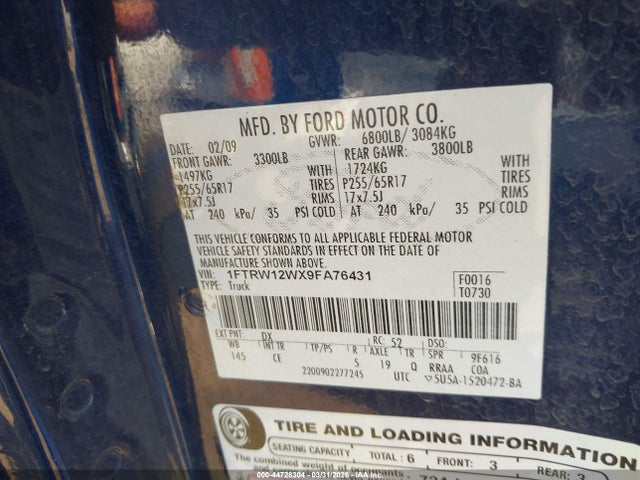 Продаж на аукціоні авто 2009 Ford F-150 Xl, vin: 1FTRW12WX9FA76431, номер лоту: 44728304