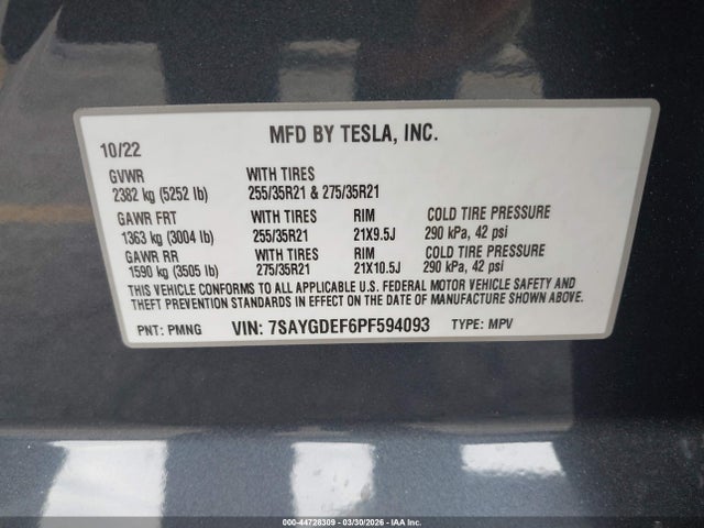 44728309 :رقم المزاد ، 7SAYGDEF6PF594093 vin ، 2023 Tesla Model Y Performance Dual Motor All-wheel Drive مزاد بيع