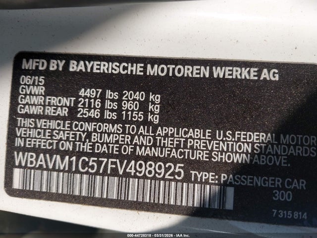 Продаж на аукціоні авто 2015 Bmw X1 Sdrive28i, vin: WBAVM1C57FV498925, номер лоту: 44728318