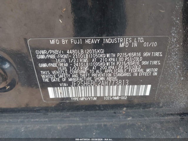 Продажа на аукционе авто 2010 Subaru Forester 2.5x, vin: JF2SH6BC2AH773813, номер лота: 44728324