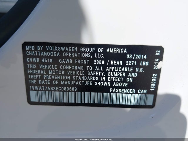 Продажа на аукционе авто 2014 Volkswagen Passat 1.8t S, vin: 1VWAT7A33EC089689, номер лота: 44728327