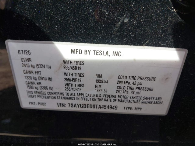 Aukcja sprzedaży 2026 Tesla Model Y Premium Rear-wheel Drive/standard Rear-wheel Drive, vin: 7SAYGDED0TA454949, numer aukcji: 44728332