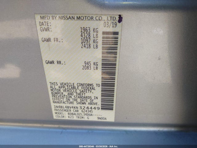 Nissan Altima 2.5 S 2019 1N4BL4BV4KN324449 Image 9
