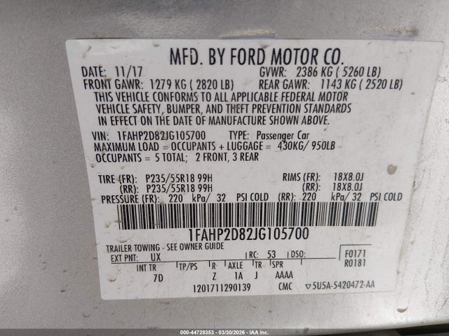 Продажа на аукционе авто 2018 Ford Taurus Se, vin: 1FAHP2D82JG105700, номер лота: 44728353