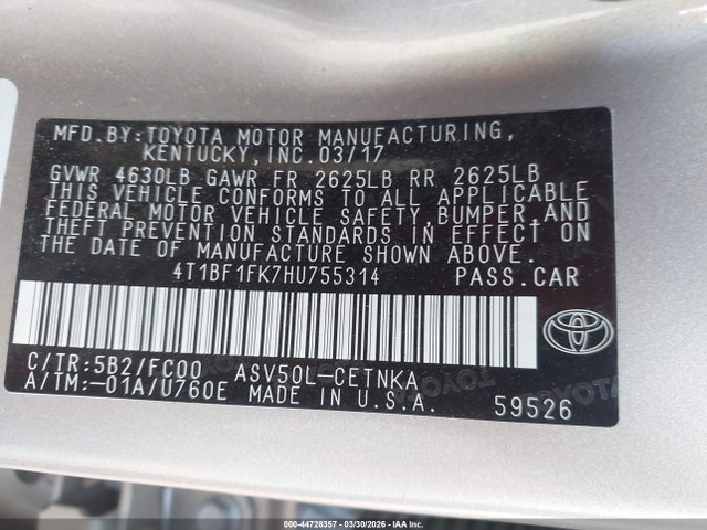 2017 Toyota Camry Le მანქანა იყიდება აუქციონზე, vin: 4T1BF1FK7HU755314, აუქციონის ნომერი: 44728357