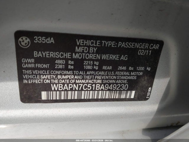 Продаж на аукціоні авто 2011 Bmw 335d, vin: WBAPN7C51BA949230, номер лоту: 44728368