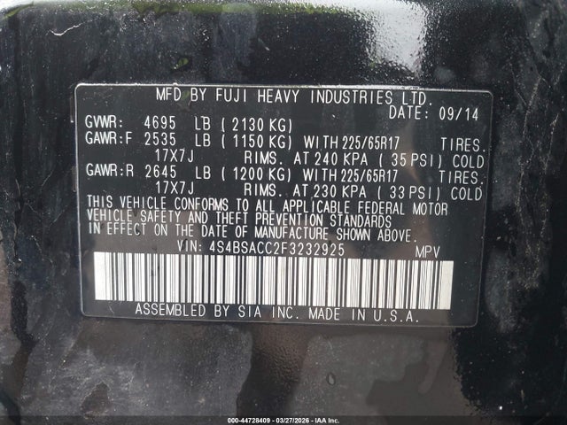 Продаж на аукціоні авто 2015 Subaru Outback 2.5i Premium, vin: 4S4BSACC2F3232925, номер лоту: 44728409
