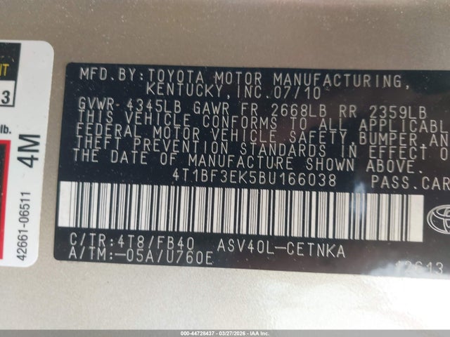 44728437 :رقم المزاد ، 4T1BF3EK5BU166038 vin ، 2011 Toyota Camry Le مزاد بيع