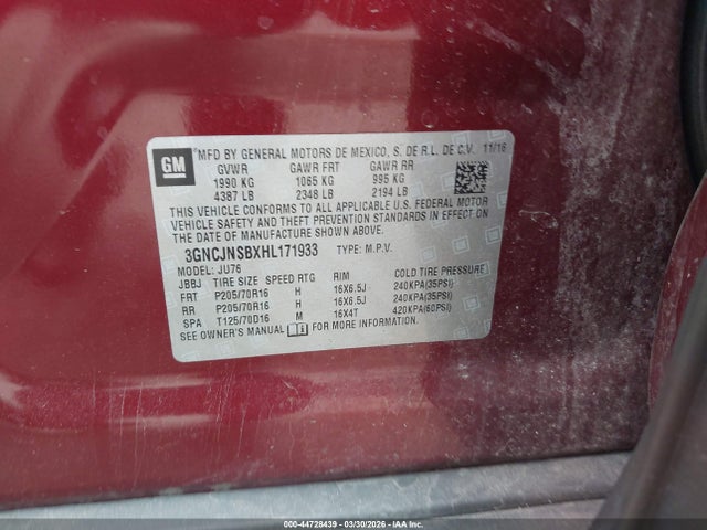 44728439 :رقم المزاد ، 3GNCJNSBXHL171933 vin ، 2017 Chevrolet Trax Ls مزاد بيع
